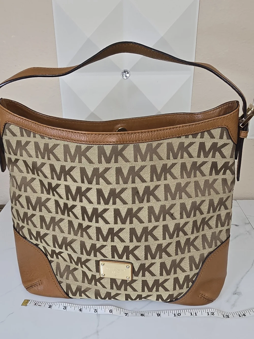 Michael Kors Large Logo Jacquard Hobo Shoulder Bag Tan Brown MK Monogram